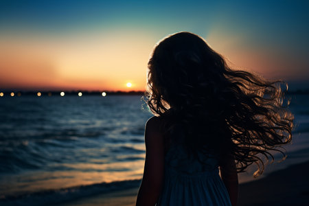Generative AI Image of Back View of Little Girl on the Beach at Sunsetの素材