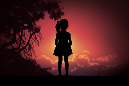Generative AI Image of Silhouette of Little Girl Standing in Field at Twilightの素材