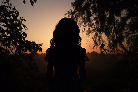 Generative AI Image of Silhouette of Little Girl in Forest at Duskの素材