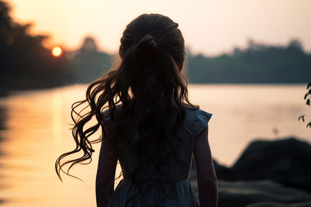 Generative AI Image of Back View of Little Girl with Lake River View at Sunsetの素材