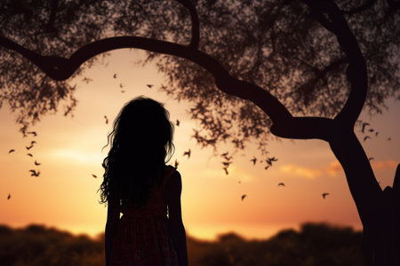 Generative AI Image of Silhouette of Little Girl with Tree at Sunsetの素材