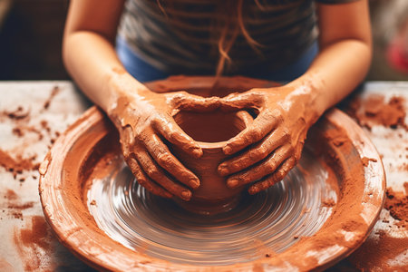 Generative AI Image of Woman Hands Making a Jug Craft from Clay on Pottery Wheelの素材