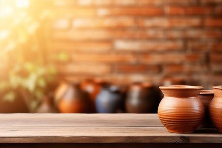 Generative AI Images of Clay Pottery Crafts on Wooden Tableの素材