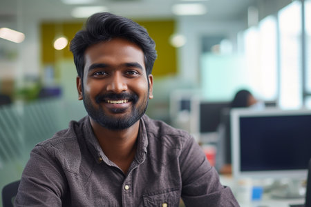 Generative AI Image of Indian Man with Smiling Expression in Officeの素材