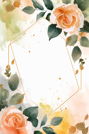 Generative AI Image of Polygon Lines Frame Background with Watercolor Flowers Decorationの素材