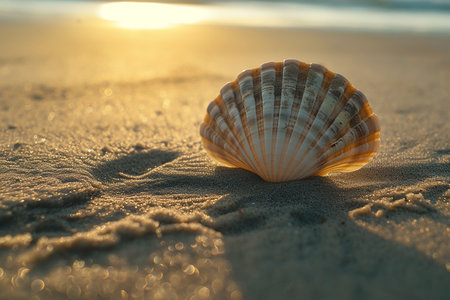 Generative AI Image of Sea Shell on Beach Sand at Sunsetの素材