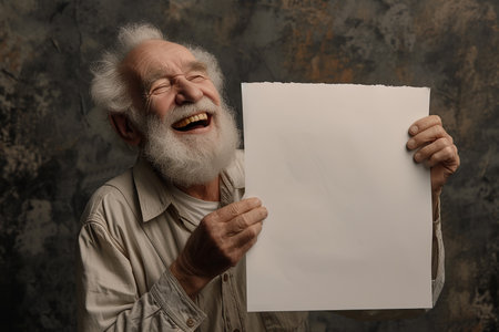 Generative AI Image of Old Man Holding a Sheet of Blank White Paper While Laughingの素材