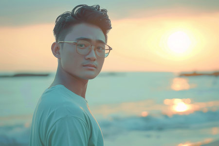 Generative AI Image of a Man Wearing Glasses Vacationing on Bali Beach at Sunriseの素材