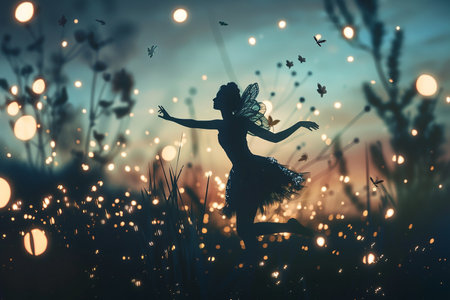 Generative AI Image of Silhouette of Beautiful Fairy Dancing in the Grassland at Night with Firefliesの素材