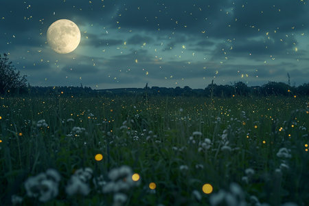 Generative AI Image of Fireflies Flying in Meadow with Full Moon Light in Night Skyの素材