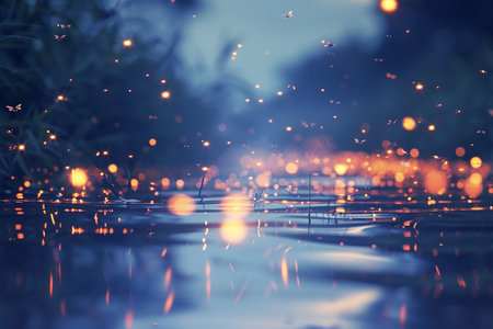 Generative AI Image of River Water with Fireflies and Butterfly Insect Flying in Night Skyの素材