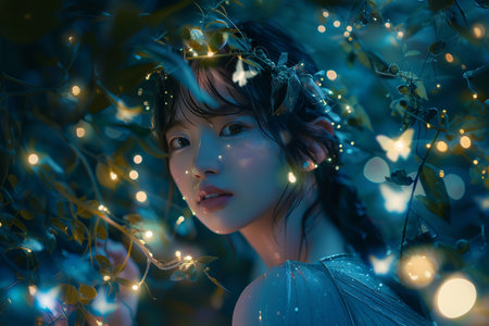 Generative AI Image of Beautiful Chinese Girl in the Garden at Night with Fireflies Lightsの素材