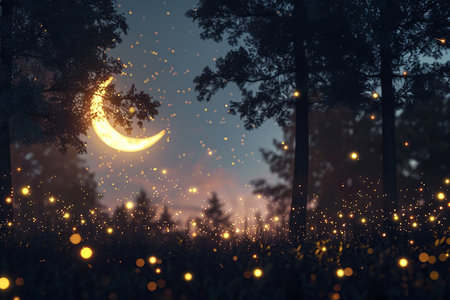 Generative AI Image of Fireflies Flying in the Forest with Crescent Moon in Night Skyの素材