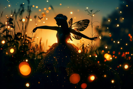 Silhouette of a Beautiful Fairy Dancing in the Garden at Night with Fireflies Generative AIの素材