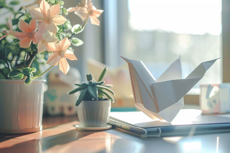 Generative AI Image of White Paper Origami Forming a Bird on a Desk with Flowers Decorationの素材