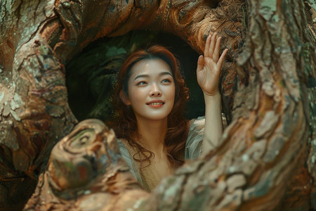 Generative AI Image of Beautiful Japanese Girl Inside a Hollow Tree Trunk with Smiling Expressionの素材