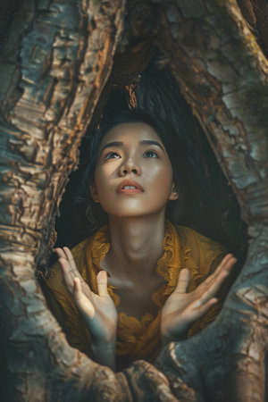 Generative AI Image of Beautiful Asian Earth Girl Inside a Hollow Tree Trunk in the Forestの素材