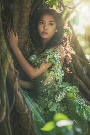 Generative AI Image of Beautiful Earth Girl Wearing Foliage Clothes Beside a Big Treeの素材