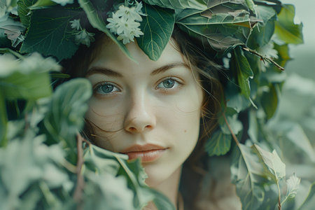 Generative AI Image of Beautiful Russian Girl Filled with Green Foliage in a Forestの素材