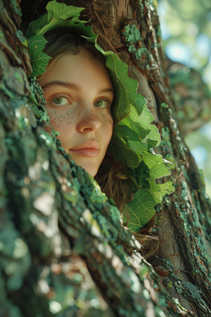 Generative AI Image of Face of Russian Girl From Inside a Hollow Tree Trunk in Forestの素材