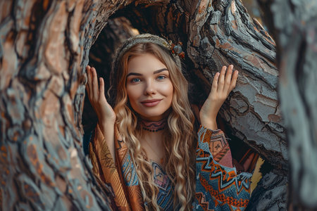 Generative AI Image of Beautiful Russian Girl Inside a Hollow Tree Trunk in Forestの素材