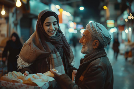 Generative AI Image of A Muslim Woman Giving Bread to Elderly Person on the Streetの素材