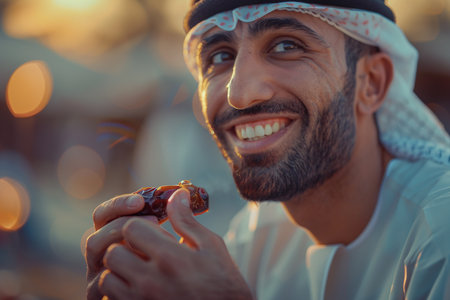 Generative AI Image of Arabian Muslim Man with Smiling Expression Iftar with Date Fruitの素材