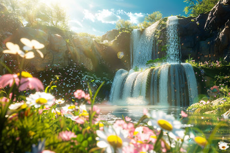 Generative AI Image of Nature View of Waterfall with Spring Flowers on a Sunny Dayの素材