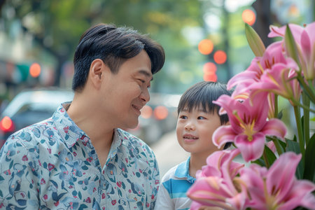 Generative AI Image of Little Boy Talking to His Father Beside a Street with Spring Flowerの素材