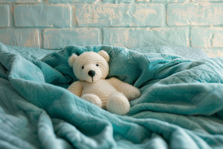 Generative AI Image of Cute Bear Doll on the Bed with Blue Blanketの素材