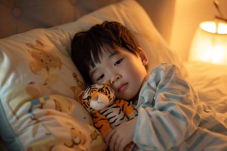 Generative AI Image of Japanese Little Boy Lying Sleepy on the Bed with Tiger Dollの素材