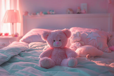 Generative AI Image of Pink Teddy Bear on the Bed with Cute Decoration in the Bedroomの素材