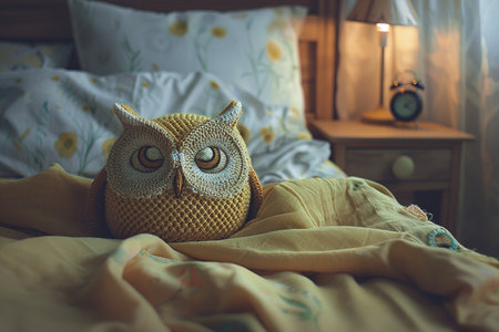 Generative AI Image of Owl Knitted Doll on the Bed in Bedroomの素材