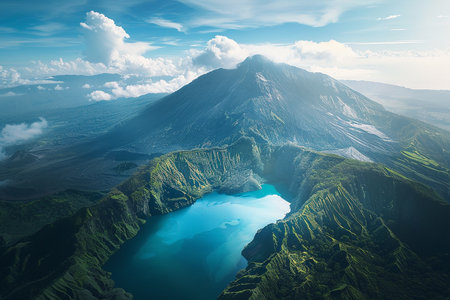 Generative AI Image of Drone View of Mountain Nature Landscape with Lake in Bright Dayの素材