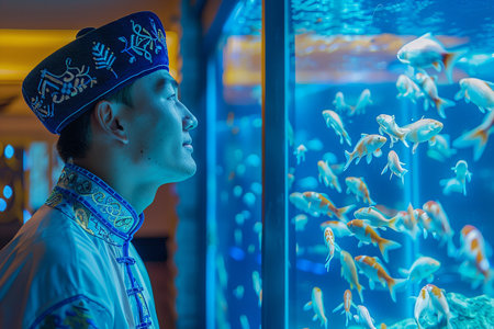 Generative AI Image of Nowruz Celebration of Kazakhstan Man Looking at Goldfish in Aquariumの素材