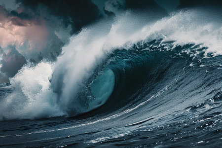 Generative AI Image of Big Water Waves in Sea Ocean with Splashingの素材