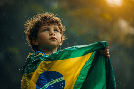 Generative AI Image of Portrait of Little Boy with Brazilian Flag in Brazil Independence Dayの素材