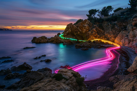 Generative AI Image of Fiber Optic on Beach Cliff Edge with Glowing Line Wallpaperの素材