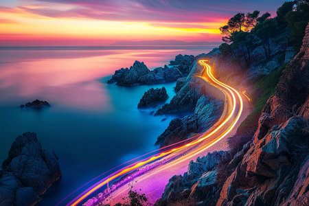 Generative AI Image of Fiber Optic on Beach Cliff Edge with Glowing Line Wallpaperの素材