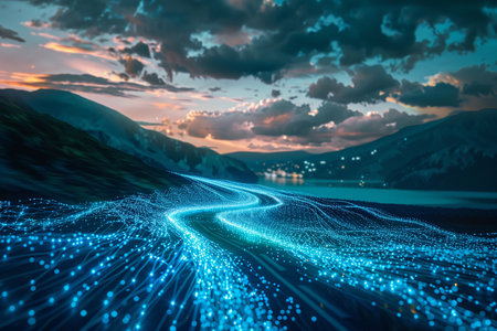 Generative AI Image of Fiber Optic Lighting Line on the Mountain Wallpaperの素材