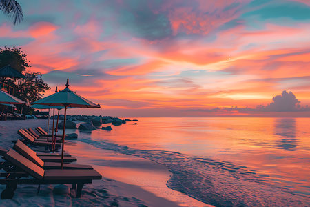 Generative AI Image of Beach at Sunset with Wooden Sun Lounger on the Ground Wallpaperの素材