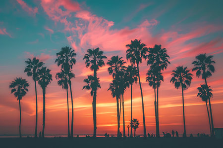 Generative AI Image of Beach with Sunset Sky and Palm Tree Wallpaperの素材