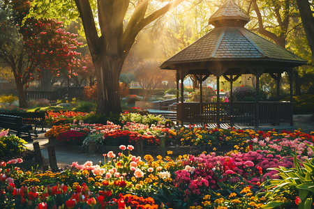 Generative AI Image of Flower Garden and Path Leads to Gazebo with Sunlight Wallpaperの素材