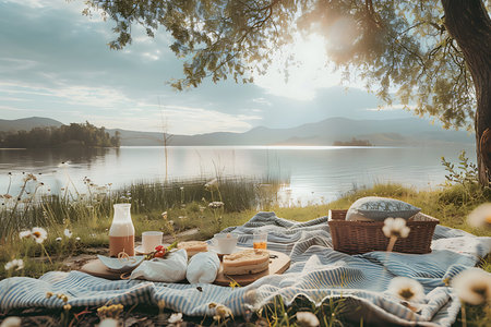 Generative AI Image of Picnic with Blanket on Ground with Food and Bright Sky Lake View Wallpaperの素材
