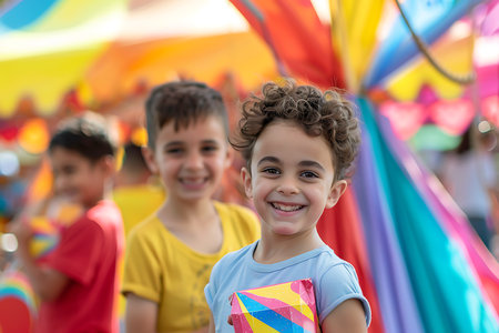 Generative AI Image of Young Children with Happy Face at Amusement Park and Bright Sky Wallpaperの素材