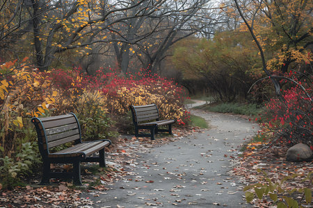 Generative AI Image of City Park with Wooden Bench and Fall Leaves at Bright Autumn Season Wallpaperの素材