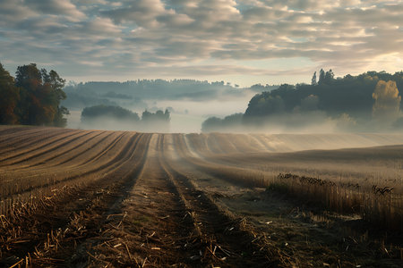 Generative AI Image of Rustic Countryside with Harvested Fields and Some Fog Sky Wallpaperの素材