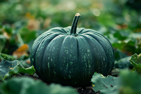 Generative AI Image of Harvested Giant Green Pumpkin on Ground Farm Wallpaperの素材