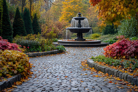 Generative AI Image of Water Fountain and Rock Path at Garden Park when Autumn Fall Season Wallpaperの素材
