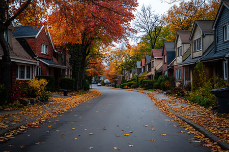Generative AI Image of Empty Street at Residential Complex when Autumn Fall Leaves Season Wallpaperの素材